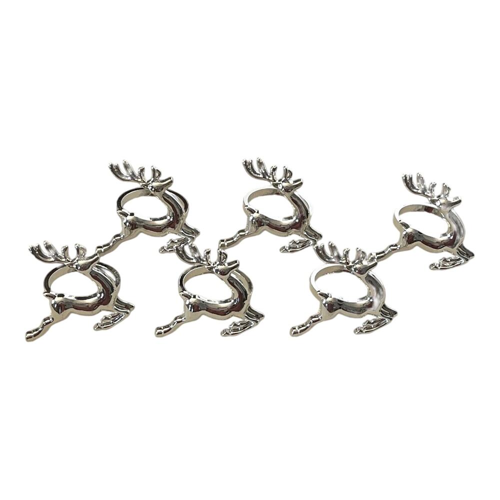 Set (6) Silver REINDEER NAPKIN RINGS Holders Holiday Christmas Table Decor 2.25"